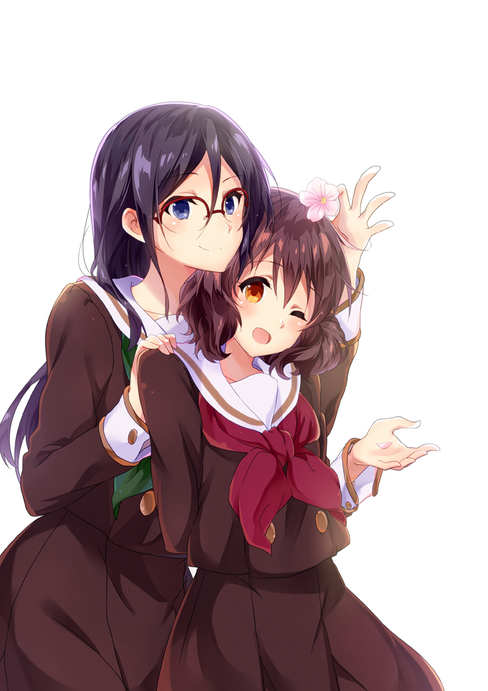 2girls black_hair blue_eyes blush brown_eyes brown_hair brown_shirt brown_skirt closed_mouth flower glasses hair_flower hair_ornament hand_on_another's_shoulder hibike!_euphonium holding holding_flower kitauji_high_school_uniform komugiko long_hair long_sleeves looking_at_viewer multiple_girls neckerchief one_eye_closed open_mouth oumae_kumiko pleated_skirt red-framed_eyewear red_neckwear sailor_collar school_uniform serafuku shirt short_hair simple_background skirt smile standing tanaka_asuka uniform white_background white_sailor_collar