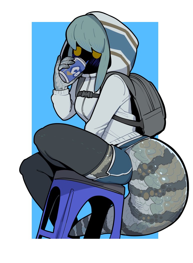 1girl backpack bag black_legwear blue_background blue_hair blush can dolphin_shorts drinking english_commentary hood hood_up jacket lizard_girl monster_girl original pinky_out scales shorts sitting snake_tail soda_can solo sparrowl stool symbol_commentary tail thighhighs two-tone_background white_background