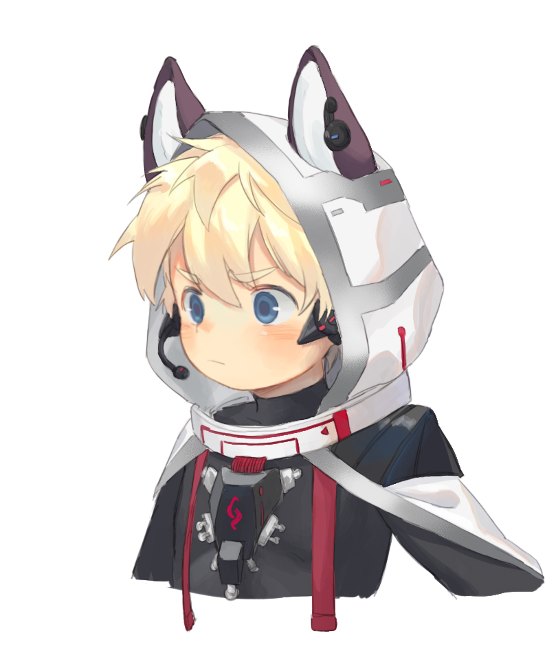 1boy animal_ears blonde_hair blue_eyes blush bokustar_fox eyebrows_visible_through_hair fox_ears hair_between_eyes headset hood male_focus original simple_background solo white_background