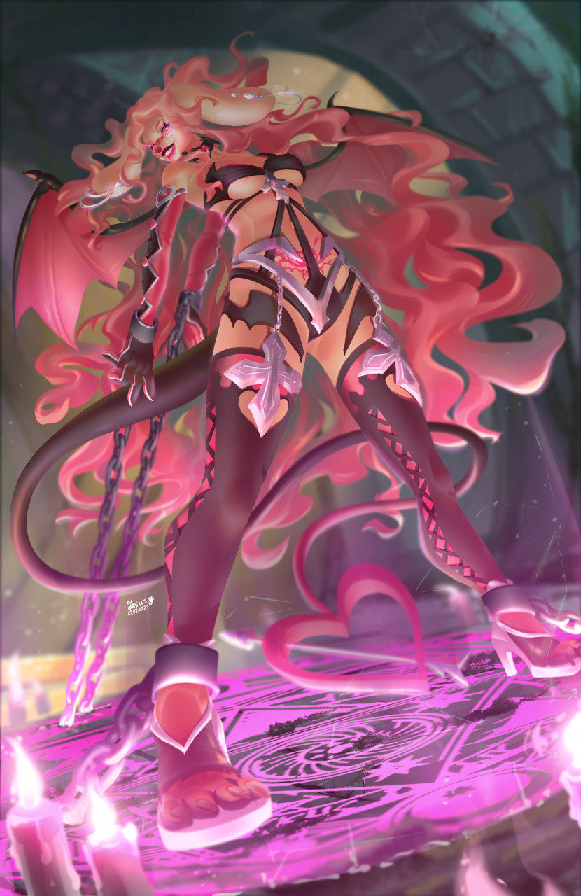 anthro breasts canid canine canis chain claws clothed clothing detailed_background domestic_dog female fur hair hi_res hybrid jesusy mammal open_mouth open_smile partially_clothed pink_eyes pink_hair smile solo succubus teeth wings yellow_body yellow_fur