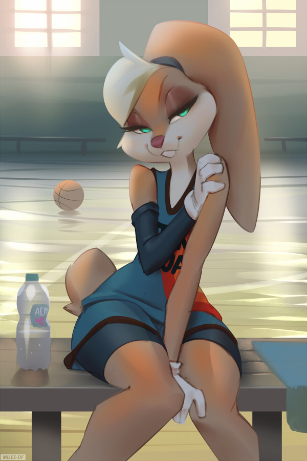 2:3 anthro basketball basketball_uniform bedroom_eyes bench buckteeth clothing female lagomorph leporid lola_bunny looking_at_viewer looney_tunes mammal miles_df narrowed_eyes rabbit seductive sitting solo sportswear teeth uniform warner_brothers water_bottle