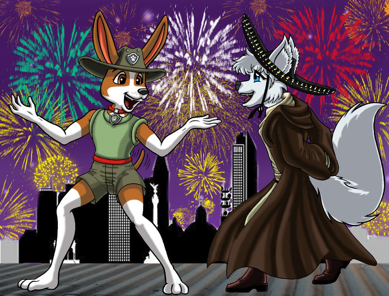 anthro blue_eyes bottomwear brown_eyes building canid canine canis chihuahua city clothing collar dancing docmoreau domestic_dog duo fireworks hat headgear headwear male mammal open_mouth paw_patrol robe shorts smile sombrero tag toy_dog tracker_(paw_patrol) wolf