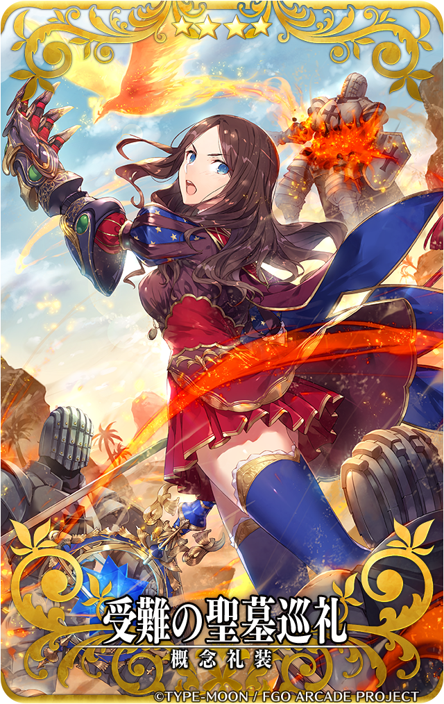 1girl bangs blue_eyes blue_gloves blush breasts brown_dress brown_hair craft_essence dress elbow_gloves fate/grand_order fate_(series) forehead gabiran gauntlets gloves large_breasts leonardo_da_vinci_(fate) long_hair looking_at_viewer official_art parted_bangs puff_and_slash_sleeves puffy_short_sleeves puffy_sleeves red_skirt short_sleeves single_gauntlet skirt