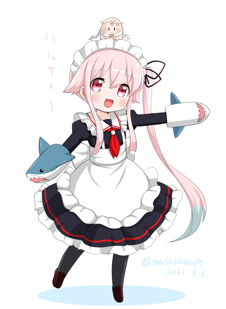 1girl adapted_costume alternate_costume apron black_legwear blue_hair chibi commentary_request creature_on_head dated enmaided frilled_apron frills gradient_hair hand_puppet harusame_(kancolle) kantai_collection maid maid_headdress masara_(chuujou) multicolored_hair outstretched_arms pink_hair puppet red_eyes shark side_ponytail smile the_yuudachi-like_creature twitter_username white_apron