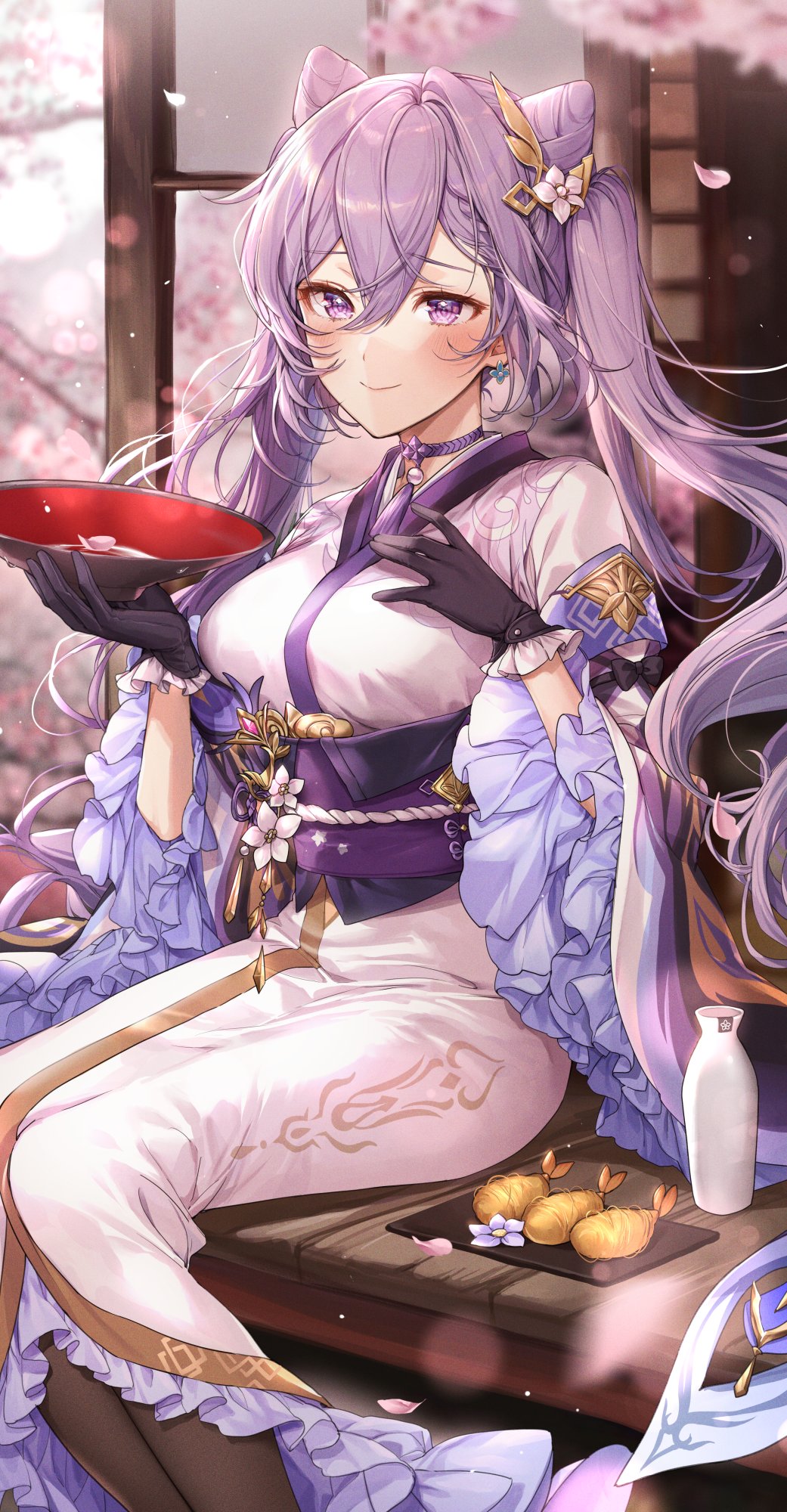 1girl breasts cherry_blossoms choker commentary_request day eyebrows_visible_through_hair food genshin_impact gloves hair_between_eyes highres holding keqing_(genshin_impact) long_hair looking_at_viewer medium_breasts outdoors pillo purple_eyes purple_hair sitting smile solo twintails
