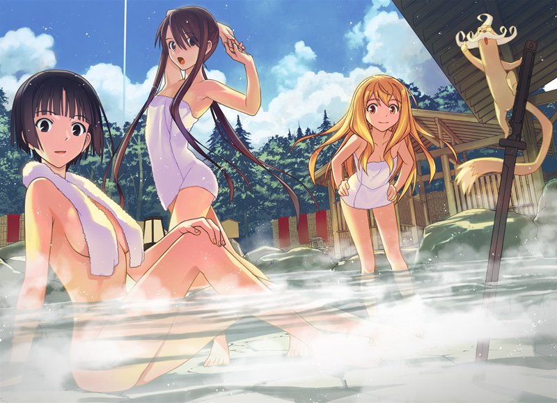 1boy 3girls akamatsu_ken albert_chamomille black_hair blonde_hair breasts convenient_censoring cover cover_page ermine facial_hair full_body hair_down hasegawa_chisame large_breasts long_hair looking_at_viewer multiple_girls mustache naked_towel official_art onsen partially_submerged sakurame_kirie short_hair small_breasts steam towel uq_holder! yuuki_karin