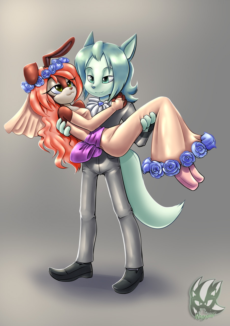 anthro breasts bridal_carry canid canine canis carrying clothed clothing digital_media_(artwork) dress duo dust:_an_elysian_tail dust_(character) female flower fur hair haley_(elysian_tail) hi_res interspecies lagomorph leporid love male male/female mammal pink_hair plant predator/prey rabbit ragevine-the-flower romantic_ambiance romantic_couple video_games watermark wolf