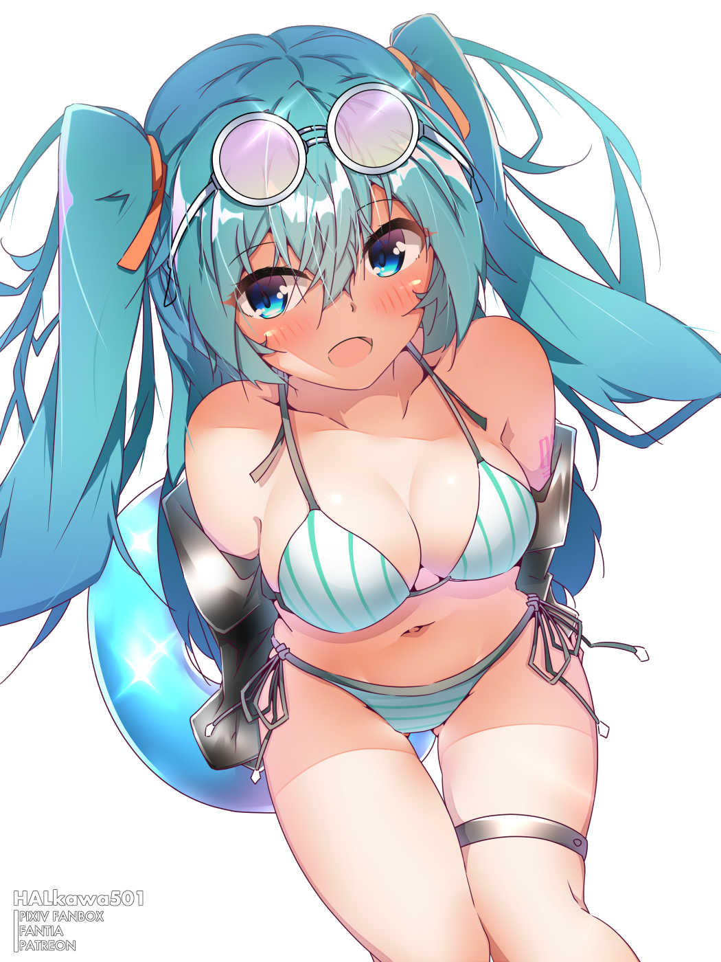 1girl aqua_eyes aqua_hair arms_behind_back artist_name ass_visible_through_thighs ball bare_shoulders beachball bikini bloom blush breasts cleavage collarbone cowboy_shot detached_sleeves diffraction_spikes floating_hair goggles goggles_on_head hair_between_eyes halkawa501 halter_top halterneck hatsune_miku highres holding leaning_forward long_hair looking_at_viewer navel number_tattoo open_mouth side-tie_bikini sideboob simple_background smile solo striped striped_bikini swimsuit tattoo thigh_gap thigh_strap thighhighs tsurime twintails vocaloid white_background white_legwear