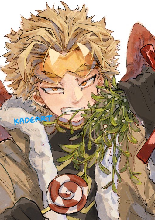1boy artist_name biting black_gloves blonde_hair boku_no_hero_academia brown_jacket candy commentary earrings english_commentary facial_hair facial_mark feathered_wings food fur-trimmed_gloves fur-trimmed_jacket fur_trim gloves goggles goggles_on_head half-closed_eyes hawks_(boku_no_hero_academia) holding holding_candy holding_food holding_lollipop jacket jewelry kadeart lollipop looking_at_viewer making-of_available male_focus mistletoe orange_eyes procreate_(medium) red_wings reward_available short_hair simple_background solo stubble swirl_lollipop upper_body white_background wings yellow-tinted_eyewear