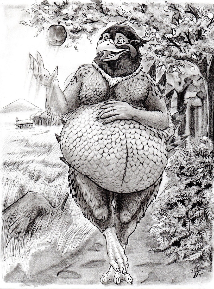 2018 4_toes 5_fingers anisodactyl anthro apple avian beak belly belly_overhang beuwens-folder big_belly biped bird claws common_pheasant detailed_background eating eye_markings faisan feathers feet fingers food forest front_view fruit galliform greyscale hand_on_stomach hi_res looking_at_food looking_at_object male markings monochrome nude open_beak open_mouth open_smile outside overweight overweight_anthro overweight_male path phasianid phasianus plant scutes smile solo story story_at_source story_in_description stuffing tail_feathers thick_thighs toe_claws toes tongue traditional_media_(artwork) tree walking wide_hips