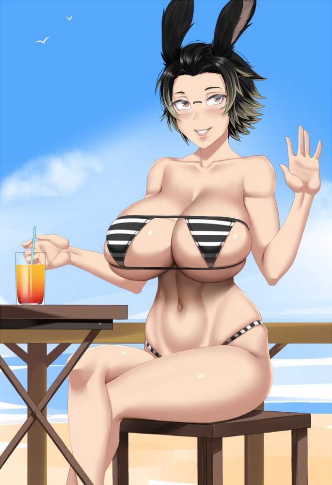 1girl animal_ears bikini bird black_bikini black_hair breasts bunny_ears catherine_eisner chair commentary drinking_straw english_commentary final_fantasy final_fantasy_xiv glass glasses huge_breasts legs_together mango orange_eyes original seagull short_hair sitting smile striped striped_bikini swimsuit table twrlare viera waving