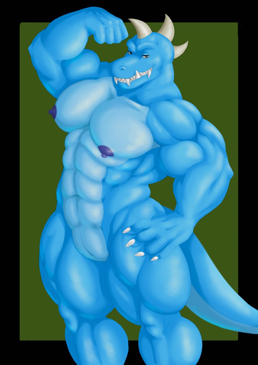 abs animal_genitalia anthro biceps blue_body border claws donkey_kong_(series) finger_claws flexing genital_slit genitals green_background grin hand_on_hip hi_res horn hunnipanda kremling krusha male muscular muscular_anthro muscular_male nintendo nipples nude pecs scalie sharp_teeth simple_background slit smile solo teeth video_games