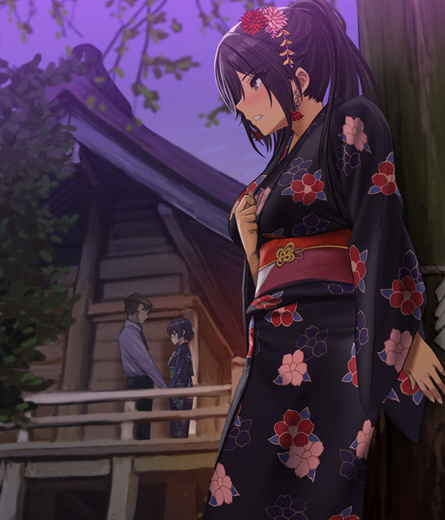 1boy 2girls black_kimono brown_eyes commentary distant dusk earrings floral_print flower from_side hair_flower hair_ornament hamedoragon hand_on_own_chest height_difference idolmaster idolmaster_shiny_colors japanese_clothes jewelry kimono light_blush long_hair morino_rinze multiple_girls obi parted_lips peeping pink_flower producer_(idolmaster) railing red_flower red_sash sash shirase_sakuya short_hair shrine sidelocks standing tree twilight wooden_wall