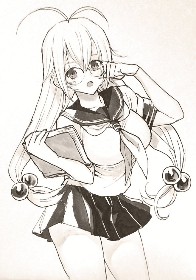 1girl ahoge breasts glasses hair_bobbles hair_ornament ikkitousen large_breasts long_hair looking_at_viewer low-tied_long_hair monochrome murata_tefu open_mouth ryuubi_gentoku school_uniform simple_background skirt solo twintails very_long_hair white_background