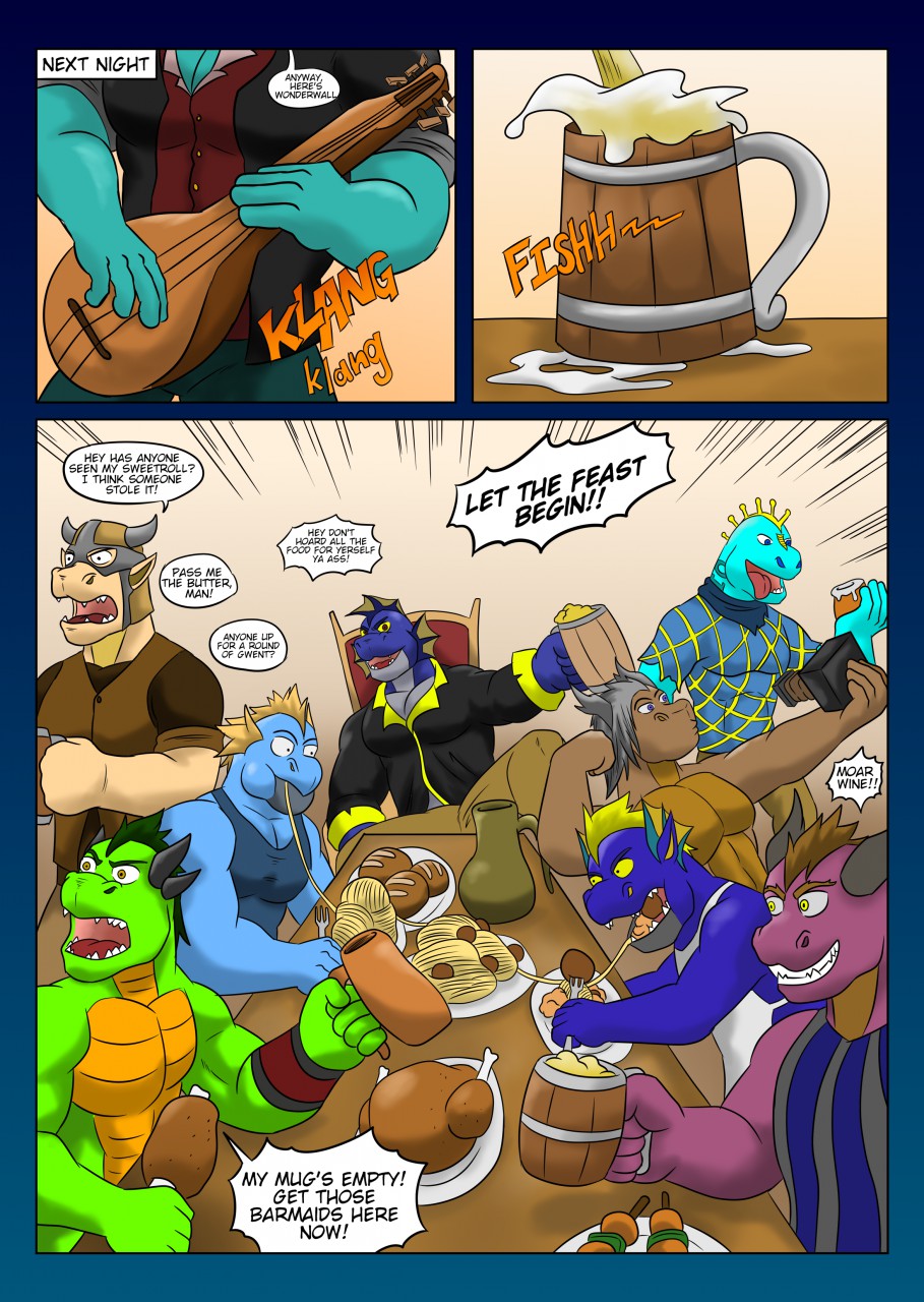 5_fingers anthro aquatic_dragon armor beer_mug belly_scales beverage black_clothing black_coat black_topwear blonde_hair blue_body blue_scales bracers bread brown_body brown_eyes brown_hair brown_scales calling_out camera chair chewing chicken_meat clothing coat comic complaining cup dialogue dinner_table dish dragon duckface ear_fins eating english_text feast filling_container fin fingers food frill_(anatomy) furniture green_body green_hair green_scales grin group guitar hair head_crest head_frill headgear helmet hi_res holding_mug horn kebab magenta_scales male marine meat meatball multicolored_body muscular muscular_anthro muscular_male music musical_instrument open_mouth pasta pirate pitcher playing_guitar playing_music plucked_string_instrument raising_arm roast_chicken scales scalie shirt simple_background sitting smile sound_effects spaghetti string_instrument sweetroll taking_selfie tan_body tan_scales tank_top text tongue tongue_out topwear turquoise_scales two_tone_body vest vju79 wingless_dragon yelling yellow_eyes yellow_sclera