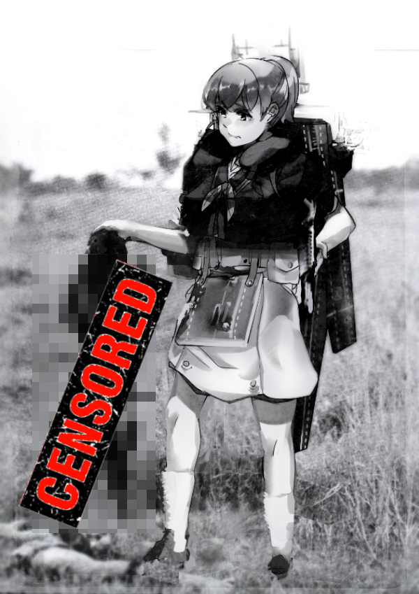 1girl bangs bitchcraft123 blur_censor breasts censored flight_deck grass greyscale holding intrepid_(kancolle) kantai_collection monochrome neck_pillow outdoors photo_background ponytail pouch rigging shirt short_sleeves skirt standing vietnam_war