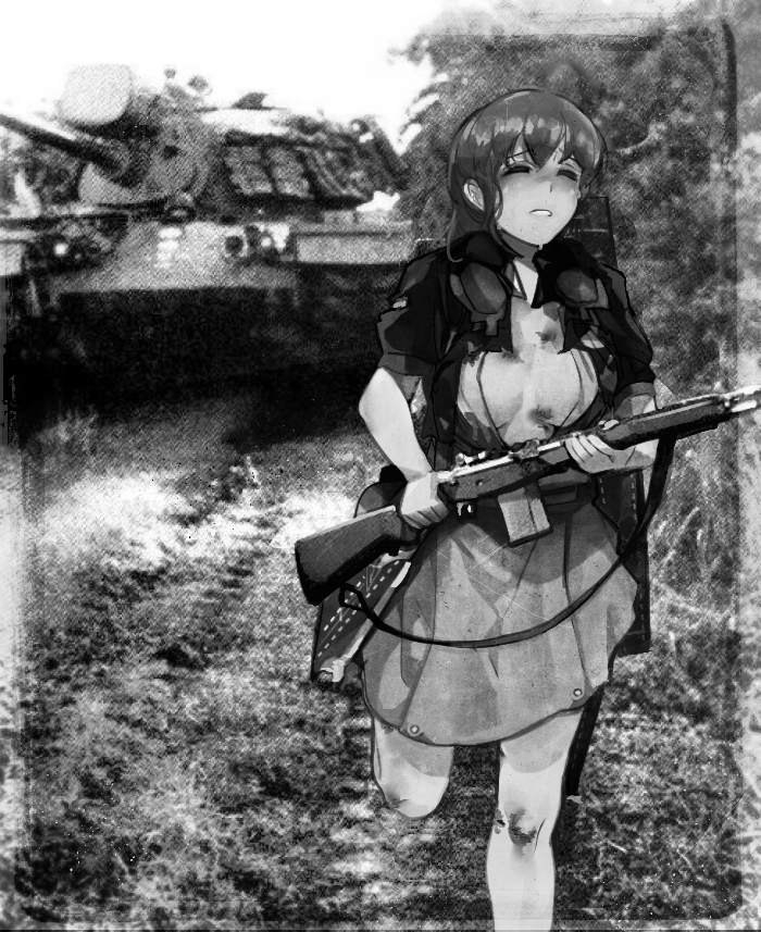 1girl bangs bitchcraft123 closed_eyes flight_deck greyscale ground_vehicle gun holding holding_gun holding_weapon intrepid_(kancolle) kantai_collection m1903_springfield military military_vehicle monochrome motor_vehicle neck_pillow open_clothes open_shirt photo_background ponytail running shirt short_sleeves skirt solo sweat tank vietnam_war weapon