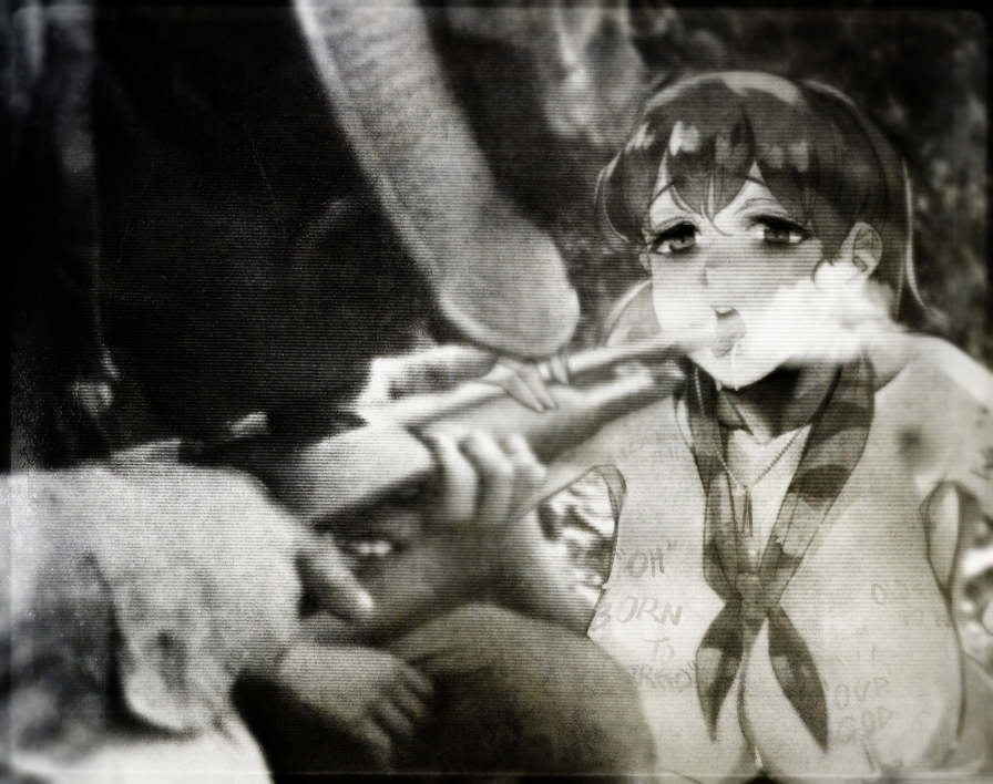 1boy 1girl bangs bitchcraft123 body_writing breasts dirty drugs greyscale holding intrepid_(kancolle) kantai_collection large_breasts monochrome neckerchief open_mouth photo_background ponytail saliva smoke striped striped_neckwear topless upper_body vietnam_war