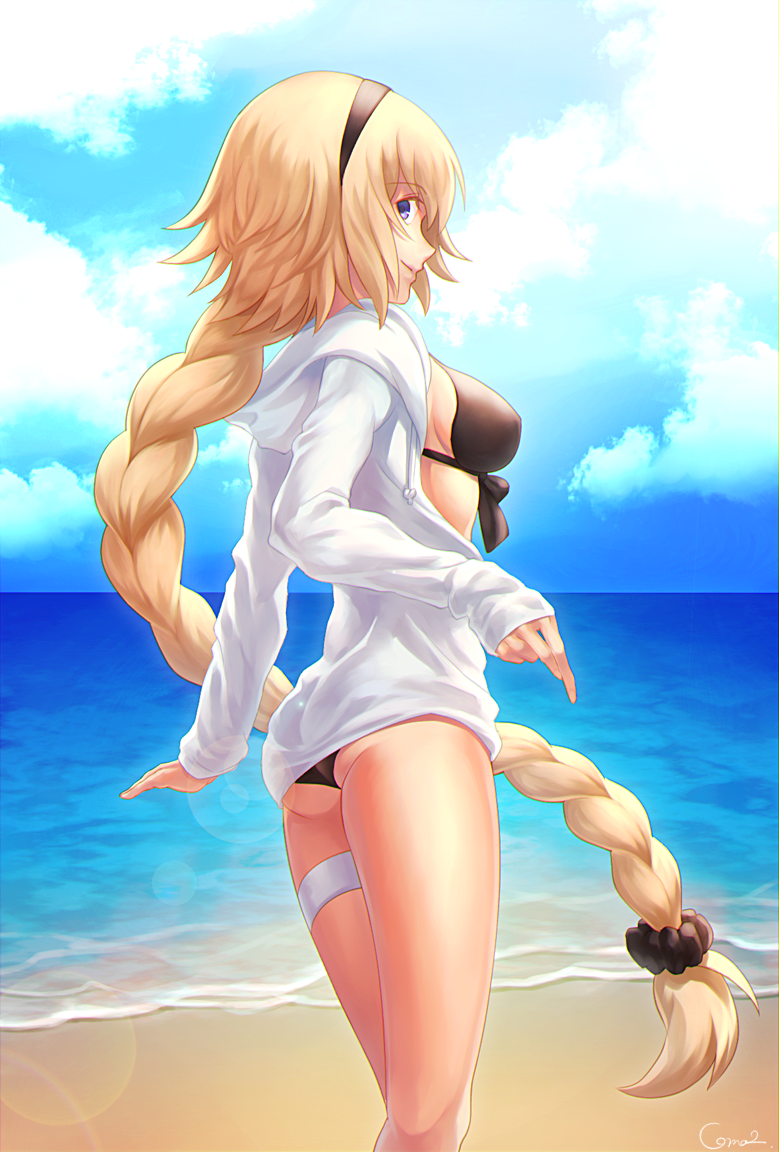 1girl ass beach bikini black_bikini black_hairband black_scrunchie blonde_hair blue_eyes braid braided_ponytail breasts coma2 day fate/grand_order fate_(series) floating_hair from_side grin hair_ornament hair_scrunchie hairband hood hood_down hooded_jacket jacket jeanne_d'arc_(fate)_(all) jeanne_d'arc_(swimsuit_archer)_(fate) lens_flare long_hair looking_at_viewer looking_to_the_side medium_breasts ocean open_clothes open_jacket outdoors ponytail profile scrunchie shiny shiny_hair sideboob signature sleeves_past_wrists smile solo standing summer swimsuit thigh_strap very_long_hair white_jacket