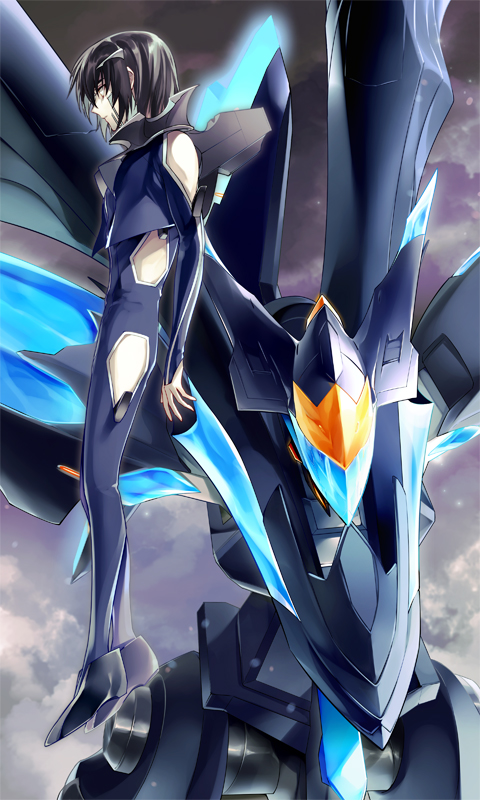 1boy black_hair blue_bodysuit bodysuit clothing_cutout cloud floating glowing headgear horns kiriyama_(dems4o) makabe_kazuki mark_alles mecha pilot_suit short_hair shoulder_cutout side_cutout sky soukyuu_no_fafner synergetic_suit visor