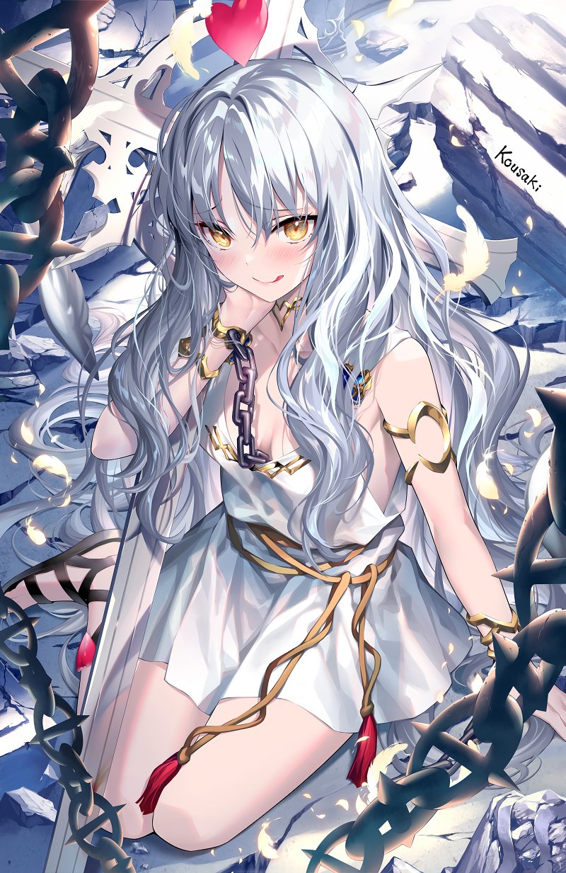 1girl armlet artist_name bangs bare_shoulders black_footwear blush bracelet breasts caren_hortensia chain choker cleavage closed_mouth collarbone dress eyebrows_visible_through_hair fate/grand_order fate/hollow_ataraxia fate_(series) feathers hand_on_own_face heart highres jewelry kneeling kousaki_rui long_hair looking_at_viewer parted_bangs silver_hair sleeveless sleeveless_dress small_breasts smile solo tongue tongue_out white_dress yellow_eyes
