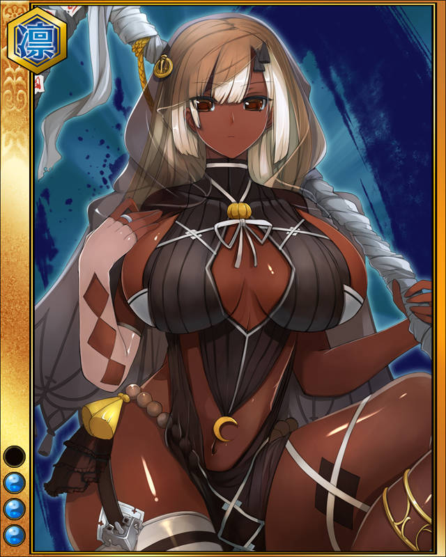 1girl blonde_hair breasts dark_skin dark_skinned_female glasses hozoin_in'ei_(sengouku_bushouki_muramasa) large_breasts official_art pupps red_eyes ribbon sengoku_bushouki_muramasa shiny shiny_skin sideboob veil