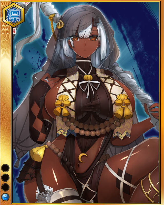 1girl breasts dark_skin dark_skinned_female glasses hozoin_in'ei_(sengouku_bushouki_muramasa) large_breasts official_art pupps red_eyes ribbon sengoku_bushouki_muramasa shiny shiny_skin sideboob veil white_hair