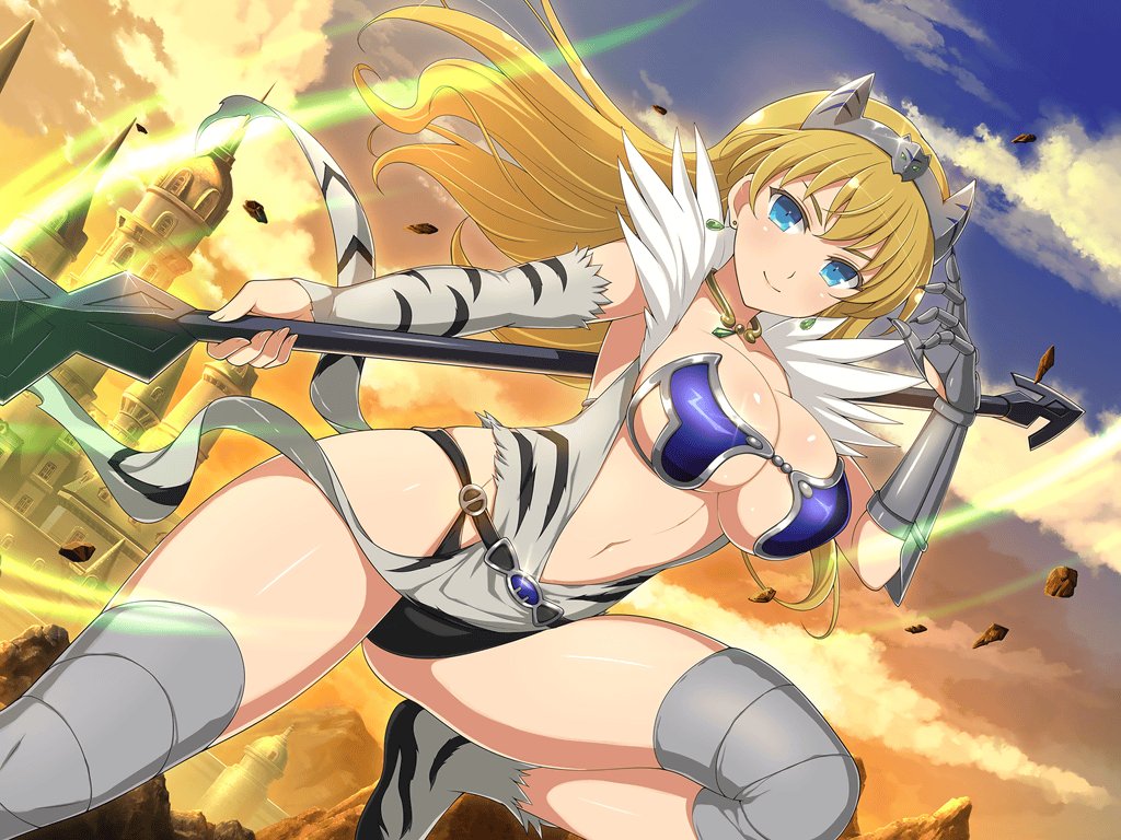 1girl animal_print armor belt bikini_armor black_panties blonde_hair blue_eyes blush braid breasts buckle cleavage crossover crotch detached_sleeves earrings elbow_gloves elina elina_(captain_of_the_royal_guard) fur gauntlets gloves hairband jewelry large_breasts long_hair navel official_art panties queen's_blade senran_kagura senran_kagura_new_link simple_background solo tiger_print underwear weapon yaegashi_nan