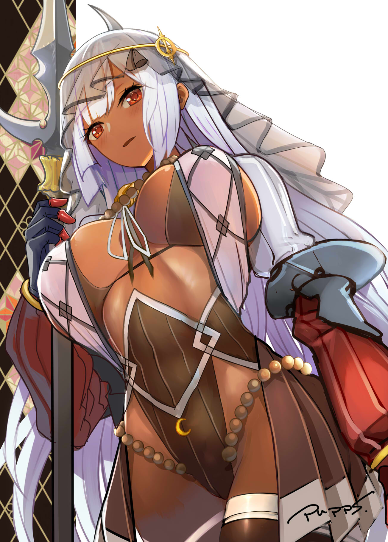 1girl breasts dark_skin dark_skinned_female highres hozoin_in'ei_(sengouku_bushouki_muramasa) large_breasts looking_at_viewer pupps red_eyes see-through sengoku_bushouki_muramasa veil weapon white_hair