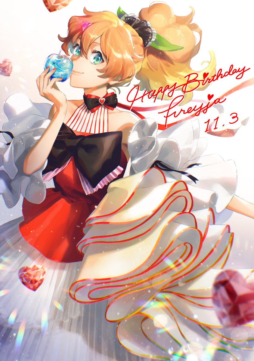 1girl alternate_costume alternate_hair_length alternate_hairstyle bangs blonde_hair bow character_name dated dress duplicate freyja_wion gem glowing green_eyes hair_between_eyes hair_ornament happy_birthday head_tilt heart heart_hair_ornament highres holding_gemstone huge_bow looking_at_viewer macross macross_delta mosako multicolored_hair orange_hair ponytail red_bow red_dress smile solo