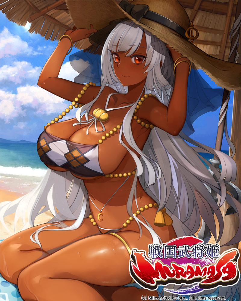 1girl armpits beach bikini breasts dark_skin dark_skinned_female hat hozoin_in'ei_(sengouku_bushouki_muramasa) large_breasts pupps red_eyes sengoku_bushouki_muramasa shiny shiny_skin sideboob straw_hat swimsuit veil white_hair