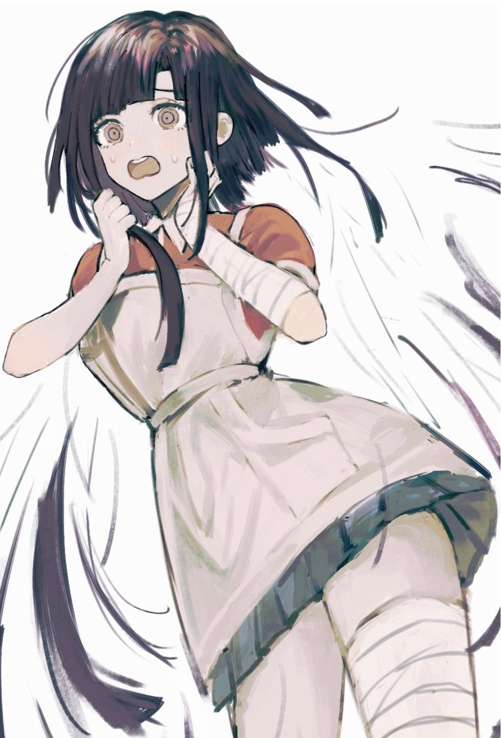 1girl alternate_hair_length alternate_hairstyle apron bandaged_leg bandages bangs black_hair blunt_bangs brown_eyes collared_shirt contrapposto cowboy_shot danganronpa_(series) danganronpa_2:_goodbye_despair dutch_angle floating_hair grey_apron grey_background grey_skirt hand_on_own_cheek hand_on_own_face hands_up highres holding holding_hair looking_at_viewer mole mole_under_eye nokoru_sora open_mouth orange_shirt pleated_skirt shirt short_hair short_sleeves simple_background skirt solo sweat teeth tsumiki_mikan upper_teeth white_apron