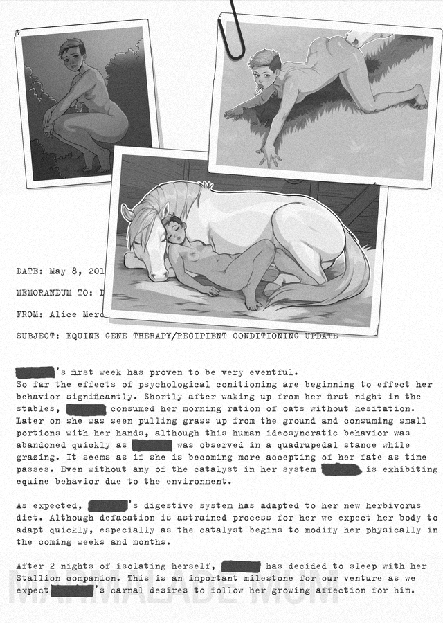 5_fingers barely_visible_genitalia black_and_white blush breasts butt comic comic_page duo eating equid equine female feral fingers fur genitals grass grazing hair hay horse human kneeling lying male male/female mammal marmalademum monochrome nipples nude on_back outside plant presenting presenting_hindquarters text white_body