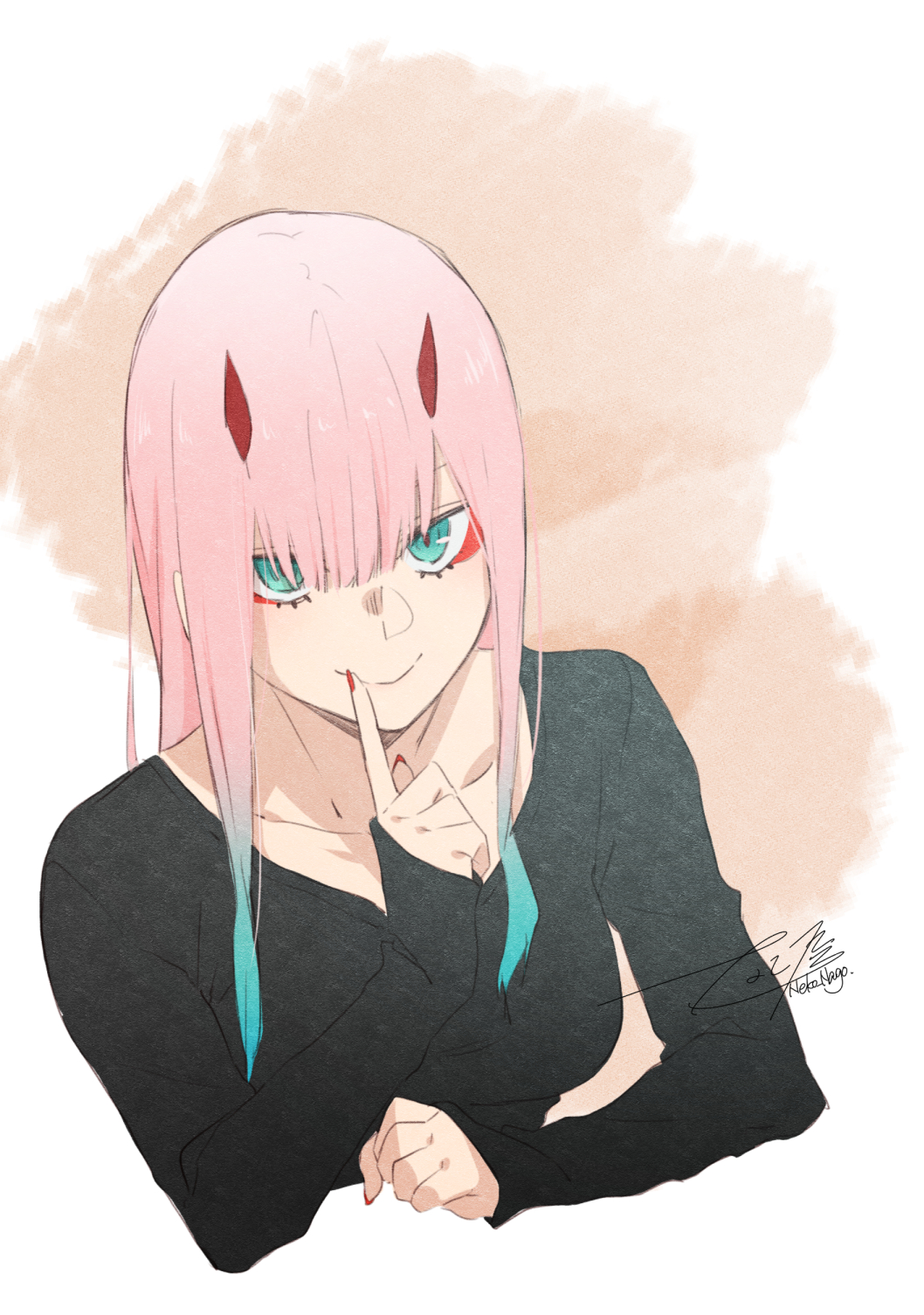 1girl aqua_eyes black_shirt blue_hair closed_mouth collarbone cropped_torso darling_in_the_franxx gradient_hair highres horns index_finger_raised long_hair long_sleeves looking_at_viewer makeup mascara multicolored_hair nail_polish nakoya_(nane_cat) pink_hair red_nails shiny shiny_hair shirt signature sketch sleeves_past_wrists smile solo straight_hair twitter_username upper_body zero_two_(darling_in_the_franxx)