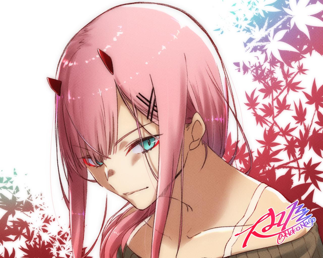 1girl bangs blue_eyes brown_sweater closed_mouth collarbone darling_in_the_franxx eyebrows_visible_through_hair hair_ornament hair_over_shoulder horns long_hair looking_at_viewer makeup mascara nakoya_(nane_cat) off-shoulder_sweater off_shoulder pink_hair portrait ribbed_sweater shiny shiny_hair signature solo spaghetti_strap sweater twitter_username white_background zero_two_(darling_in_the_franxx)