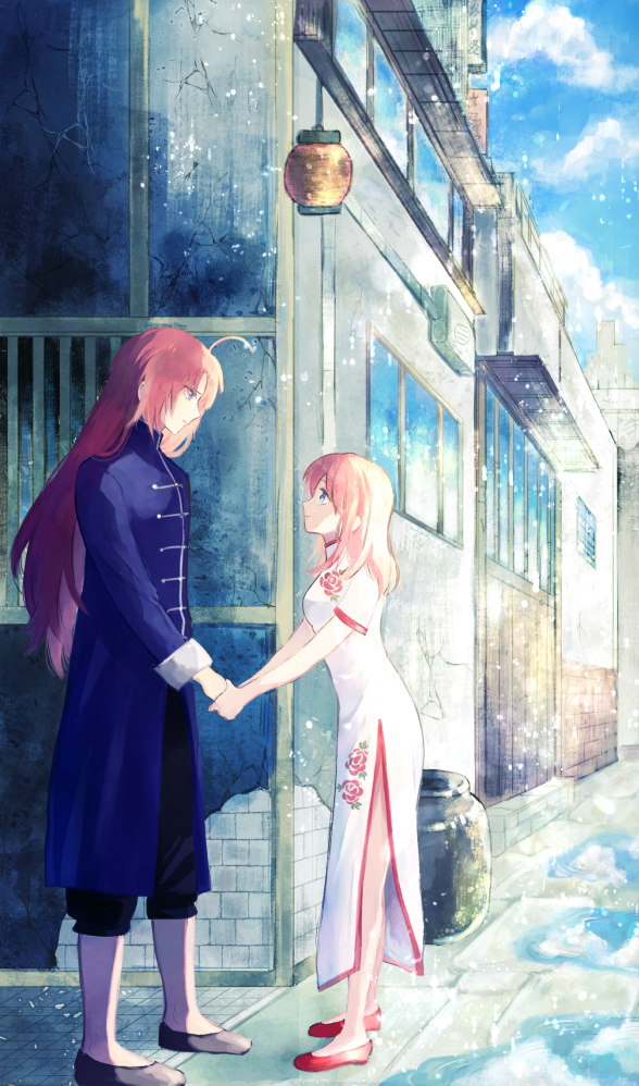 1boy 1girl ahoge black_pants blue_eyes brother_and_sister brown_hair china_dress chinese_clothes closed_mouth day dress eye_contact floral_print full_body gintama holding_hands kagura_(gintama) kamui_(gintama) long_hair looking_at_another nuka outdoors pants print_dress pumps red_footwear road short_sleeves siblings side_slit smile standing straight_hair street very_long_hair white_dress