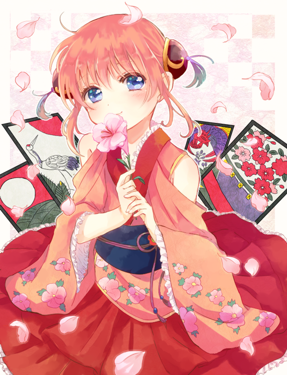 1girl bangs blue_eyes blush bun_cover clothing_cutout double_bun floral_print flower frilled_sleeves frills gintama hair_between_eyes holding holding_flower japanese_clothes kagura_(gintama) kimono looking_at_viewer nuka obi orange_hair orange_kimono petals pink_flower print_sleeves red_skirt sash short_hair_with_long_locks shoulder_cutout sidelocks skirt solo