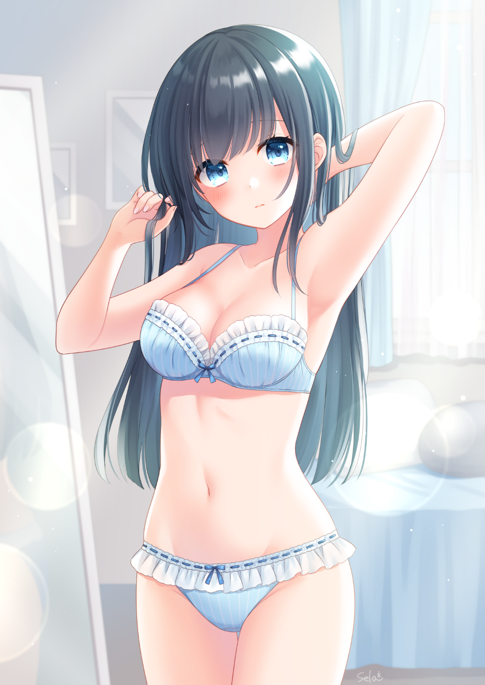 1girl arm_behind_head armpits artist_name bangs bed black_hair bloom blue_bra blue_eyes blue_panties blush bow bow_bra bow_panties bra breasts collarbone cowboy_shot curtains frilled_bra frilled_panties frills full-length_mirror groin hair_tousle hands_up head_tilt highres indoors lens_flare light_particles long_hair looking_at_viewer mirror navel original panties signature solo standing stardrop striped striped_bra striped_panties sunlight underwear underwear_only vertical-striped_bra vertical-striped_panties vertical_stripes window