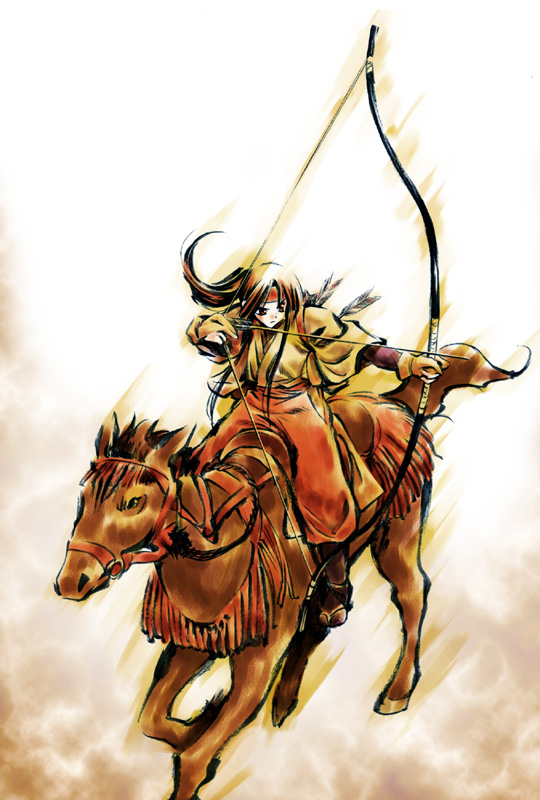1girl archery arrow_(projectile) bangs bow_(weapon) brown_eyes brown_footwear brown_gloves brown_hair brown_kimono closed_mouth commentary_request drawing_bow full_body gloves headband holding holding_bow_(weapon) holding_weapon horseback_archery horseback_riding japanese_clothes kimono long_hair looking_to_the_side morino_kiriko nihonga original ponytail riding saddle solo v-shaped_eyebrows weapon white_background