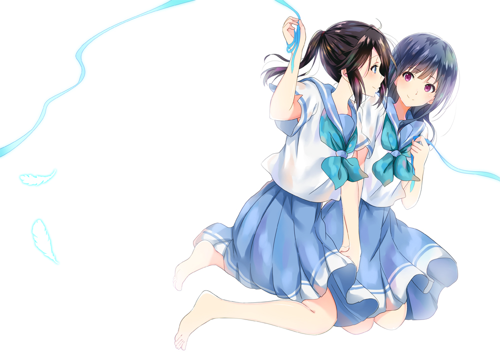 2girls barefoot black_hair blue_eyes blue_hair blue_neckwear blue_ribbon blue_sailor_collar blue_skirt blush closed_mouth feathers hibike!_euphonium holding holding_ribbon kasaki_nozomi kitauji_high_school_uniform komugiko long_hair looking_at_another looking_to_the_side multiple_girls neckerchief pleated_skirt ponytail red_eyes ribbon sailor_collar school_uniform serafuku shirt short_sleeves simple_background skirt smile uniform white_background white_shirt yoroizuka_mizore