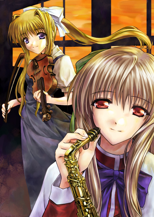 2girls air bangs blonde_hair blue_dress bow brown_hair closed_mouth commentary_request cowboy_shot dress eyebrows_visible_through_hair green_ribbon hair_between_eyes hair_bow hair_intakes hair_ribbon holding holding_instrument instrument kamio_misuzu kanon kurata_sayuri long_hair looking_at_viewer morino_kiriko multiple_girls pinafore_dress ponytail puffy_short_sleeves puffy_sleeves purple_bow purple_eyes red_eyes ribbon saxophone seiyuu_connection shirt short_sleeves sidelocks smile upper_body very_long_hair violin white_bow white_shirt window