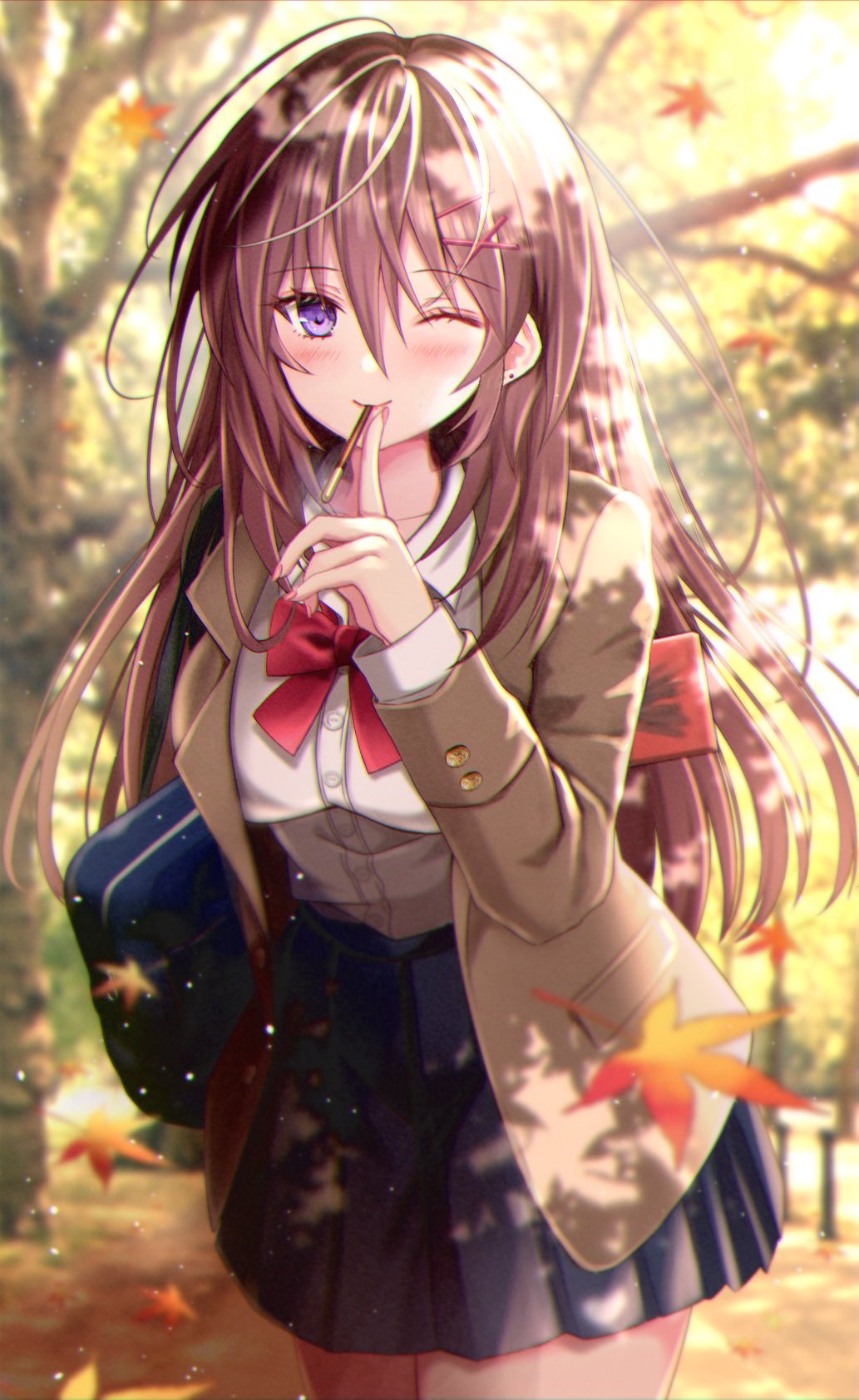 1girl ahoge autumn_leaves bag blue_skirt blush bow bowtie breasts brown_hair coat collared_shirt cowboy_shot earrings eating eyebrows_visible_through_hair falling_leaves finger_to_mouth food hair_ornament hairclip highres index_finger_raised jewelry large_breasts leaf leaning_forward long_hair maple_leaf nozomi_fuuten one_eye_closed original pleated_skirt pocky purple_eyes red_bow school_bag shirt skirt smile solo tree white_shirt x_hair_ornament