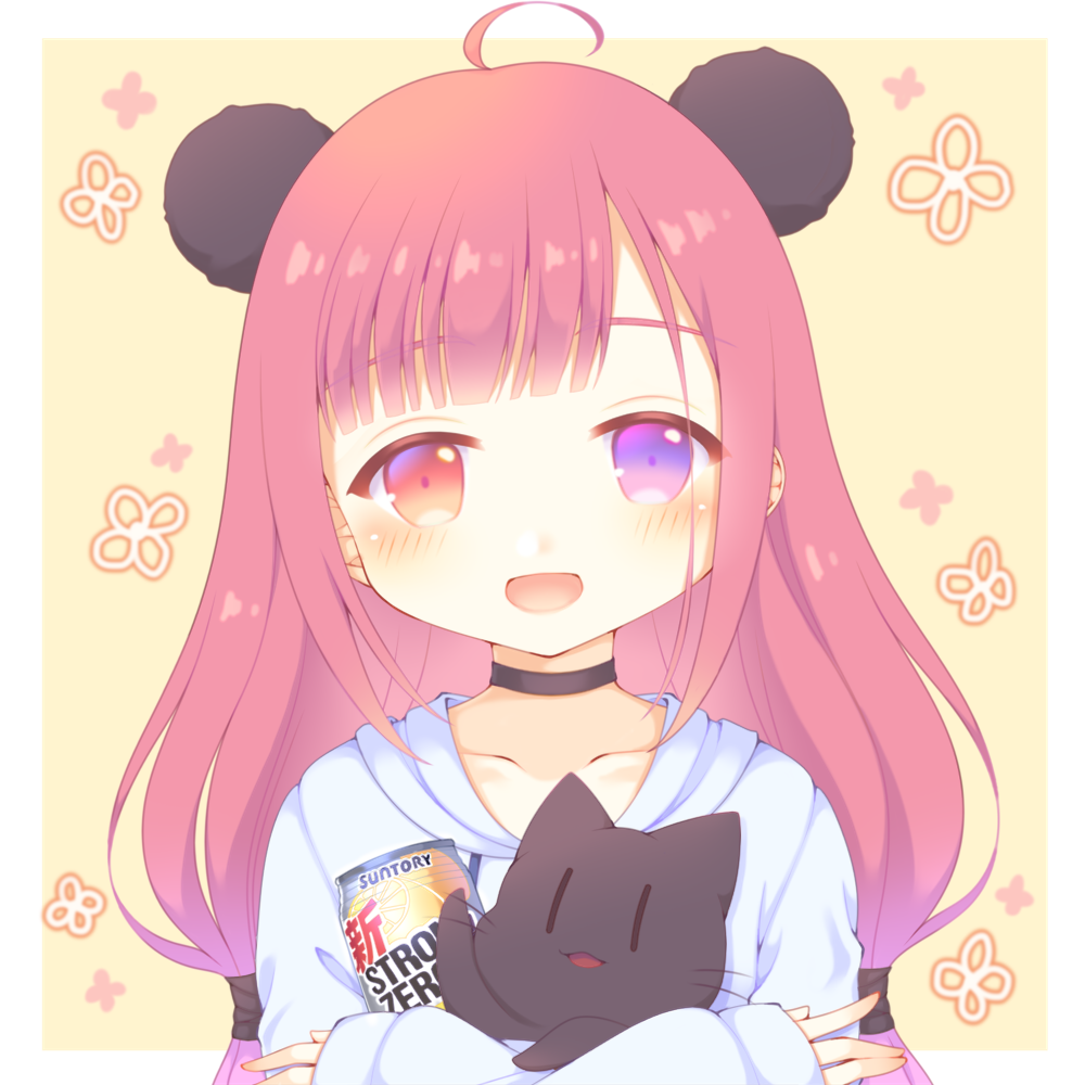 :d ahoge animal animal_ears animal_hug bangs black_cat black_choker blush brown_background can cat choker collarbone copyright_request eyebrows_visible_through_hair heterochromia hood hood_down hoodie long_hair long_sleeves looking_at_viewer open_mouth purple_eyes red_eyes red_hair sakurato_ototo_shizuku sleeves_past_wrists smile strong_zero upper_body very_long_hair virtual_youtuber white_hoodie