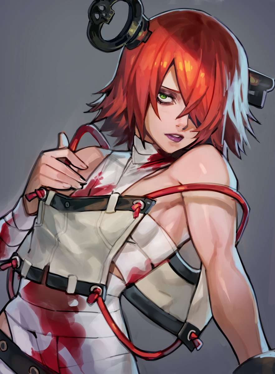 1girl a.b.a bags_under_eyes bandages blood bloody_bandages breasts gloves green_eyes grey_background guilty_gear guilty_gear_xx hair_between_eyes hair_over_one_eye hand_on_own_chest highres key key_in_head lips lipstick looking_at_viewer makeup medium_breasts purple_lips red_hair short_hair simple_background solo uncle_rabbit_ii upper_body