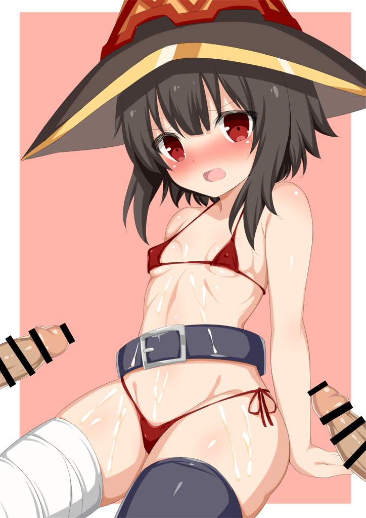 1girl bandaged_leg bandages bangs bare_shoulders bikini black_hair black_headwear black_legwear blush breasts censored choker collarbone cum eyebrows_visible_through_hair hair_between_eyes hat kono_subarashii_sekai_ni_shukufuku_wo! megumin navel open_mouth red_bikini red_eyes short_hair short_hair_with_long_locks sidelocks single_thighhigh sitting small_breasts solo swimsuit thighhighs toshishikisai witch_hat