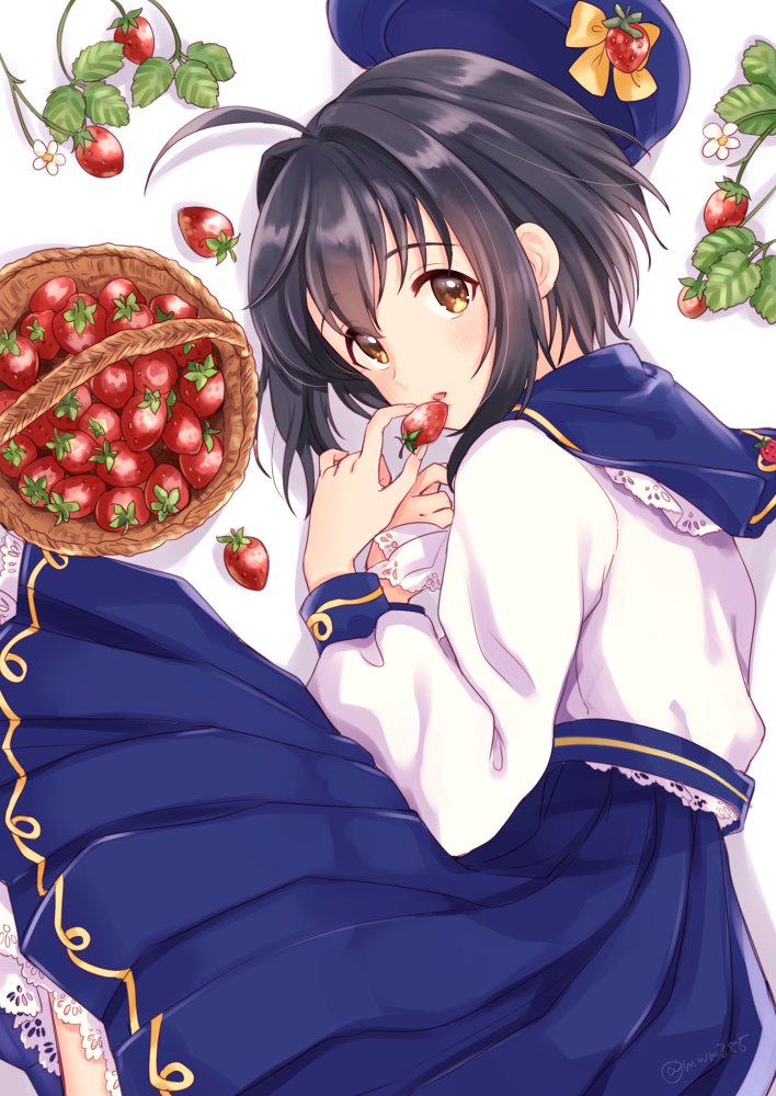 1girl ahoge bangs basket black_hair blue_sailor_collar blue_skirt blush bow commentary eating eyebrows_visible_through_hair feet_out_of_frame food from_side fruit hat hat_bow hat_ornament hat_removed headwear_removed holding holding_food holding_fruit idolmaster idolmaster_cinderella_girls kohinata_miho leaf long_sleeves looking_at_viewer lying mwm385 on_side parted_lips pleated_skirt sailor_collar shirt short_hair skirt solo strawberry symbol_commentary twitter_username white_shirt yellow_bow yellow_eyes