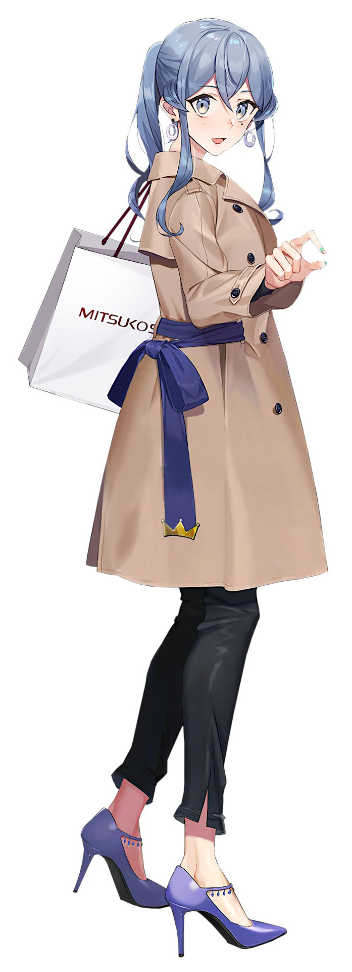 1girl alternate_costume bag blue_eyes blue_hair coat drew_(drew213g) earrings full_body gotland_(kancolle) hair_bun high_heels highres jacket jewelry kantai_collection long_hair long_sleeves looking_at_viewer mitsukoshi_(department_store) mole mole_under_eye official_art pointing shoes shopping_bag smile solo white_background winter_clothes winter_coat