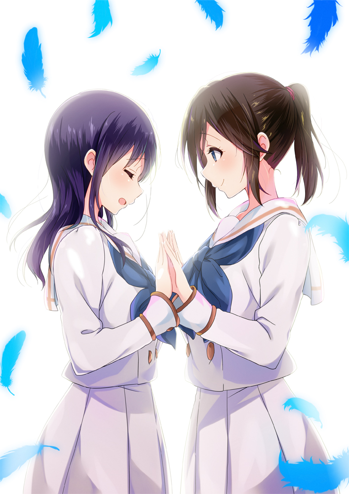 blue_eyes blue_feathers blue_hair blue_neckwear blush brown_hair closed_eyes closed_mouth feathers hibike!_euphonium holding_hands kasaki_nozomi kitauji_high_school_uniform komugiko liz_to_aoi_tori long_hair long_sleeves looking_at_another neckerchief open_mouth pleated_skirt ponytail sailor_collar school_uniform serafuku shirt simple_background skirt smile uniform white_background white_sailor_collar white_shirt white_skirt yoroizuka_mizore