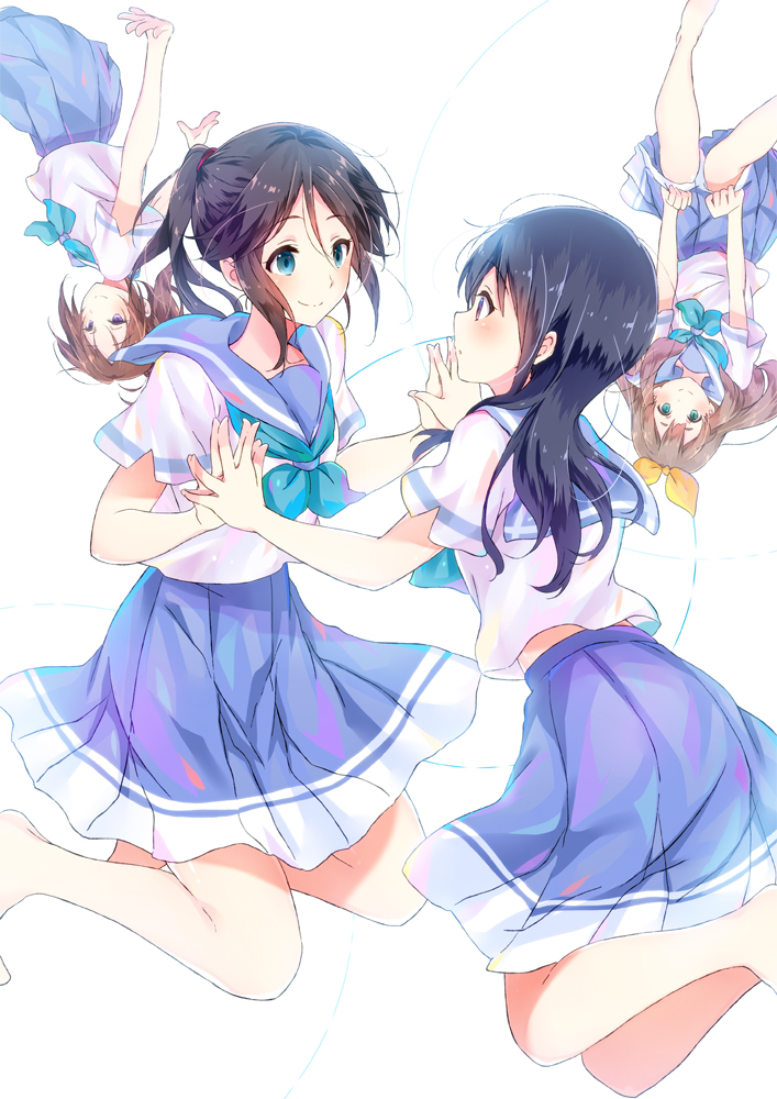 barefoot black_hair blonde_hair blue_eyes blue_hair blue_neckwear blue_sailor_collar blue_skirt blush brown_hair closed_mouth green_eyes hair_ribbon hibike!_euphonium holding_hands kasaki_nozomi kitauji_high_school_uniform komugiko liz_to_aoi_tori long_hair looking_at_another looking_at_viewer nakagawa_natsuki neckerchief pleated_skirt ponytail red_eyes ribbon sailor_collar school_uniform serafuku shirt short_sleeves simple_background skirt smile uniform upside-down white_background white_shirt yellow_ribbon yoroizuka_mizore yoshikawa_yuuko