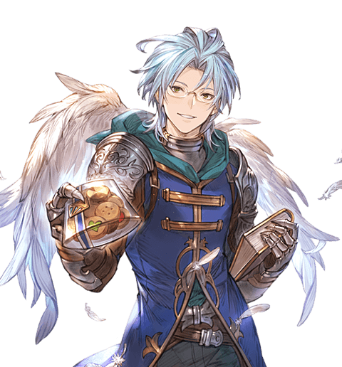 1boy altair_(granblue_fantasy) belt blue_hair blue_shirt cookie feathers food gauntlets gift glasses granblue_fantasy incoming_gift male_focus minaba_hideo official_art parted_lips pov shirt smile solo transparent_background white_day wings yellow_eyes